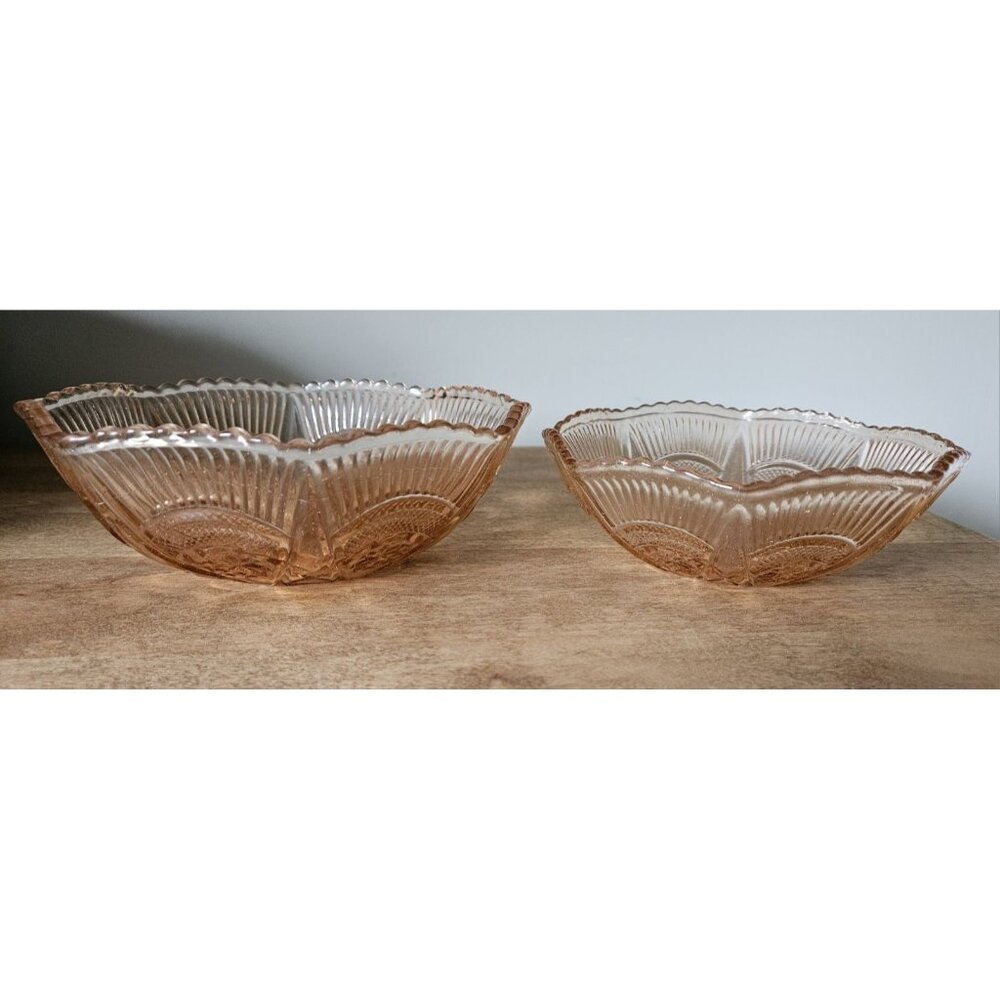 Set Of 2 Small And Medium Peach Coloured Depression Glass Bowls